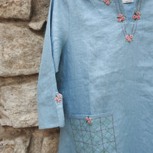 Load image into Gallery viewer, Baby Blue Dress with Delicate Neck Embroidery &amp; Pockets.
