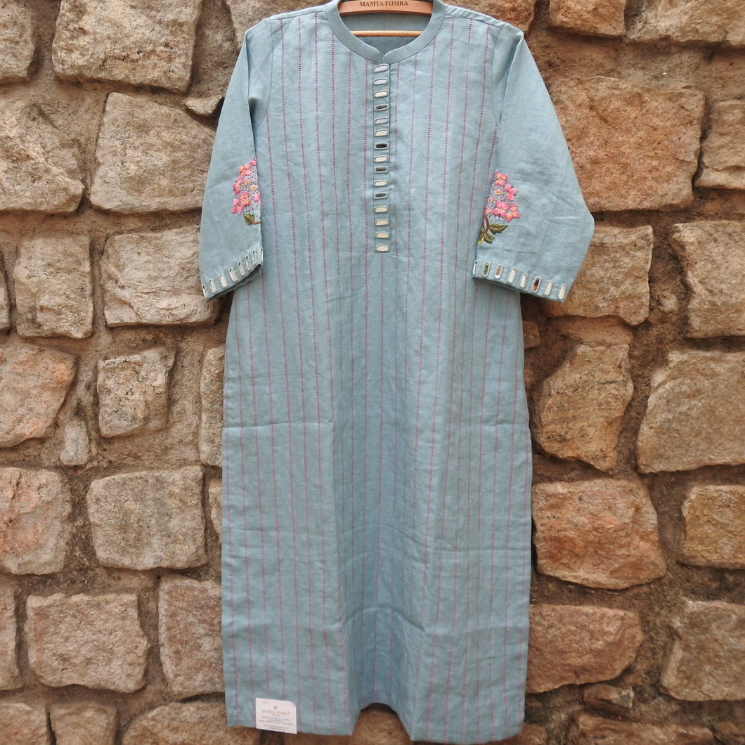 Baby Blue Kurta with Mirror Work & All Over Vertical Hand Embroidery