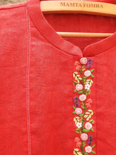 Load image into Gallery viewer, Lady Bug Red Kurta with a Button Patti Panel Embroidery &amp; a Forest Detailed Sleeve (Price on Request)
