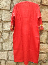 Load image into Gallery viewer, Lady Bug Red Kurta with a Button Patti Panel Embroidery &amp; a Forest Detailed Sleeve (Price on Request)
