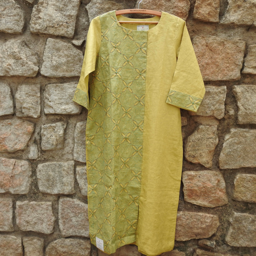 Pineapple Yellow Half Body Panel Kurta with Katha Embroidery (Price on Request)