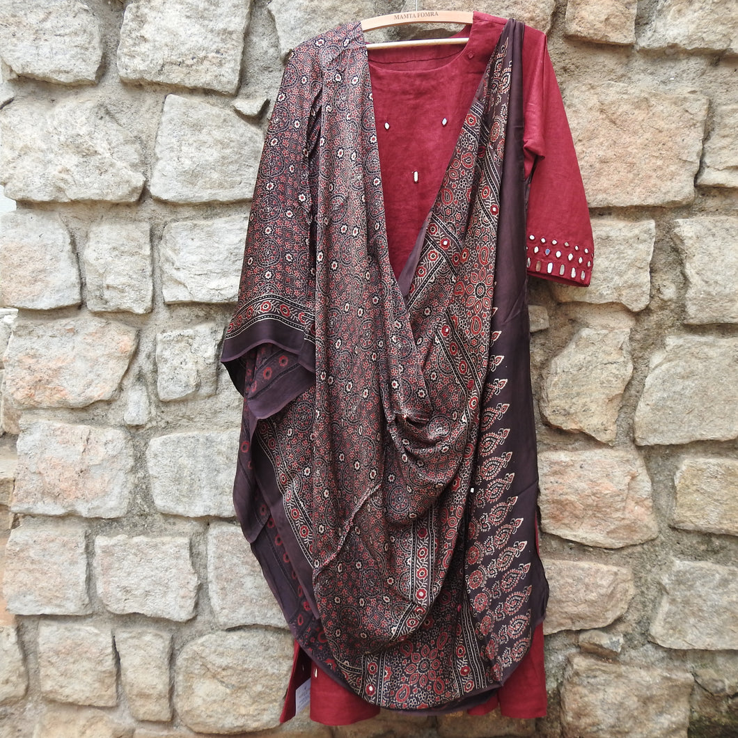 Carmine Red Mirror Work Dress with Ajrakhi Dupatta (Price on Request)