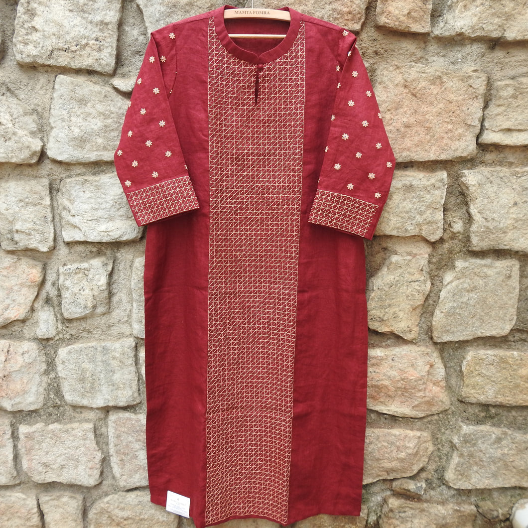 Rufous Red Hand Embroidery Panel Kurta (Price on Request)