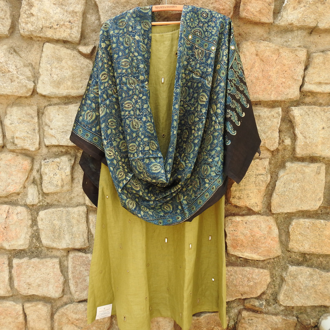 Chart Use Green Mirror Work Dress with Ajrakhi Dupatta (Price on Request)