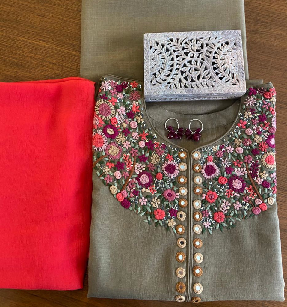 Khaki Embroidery Dress Material