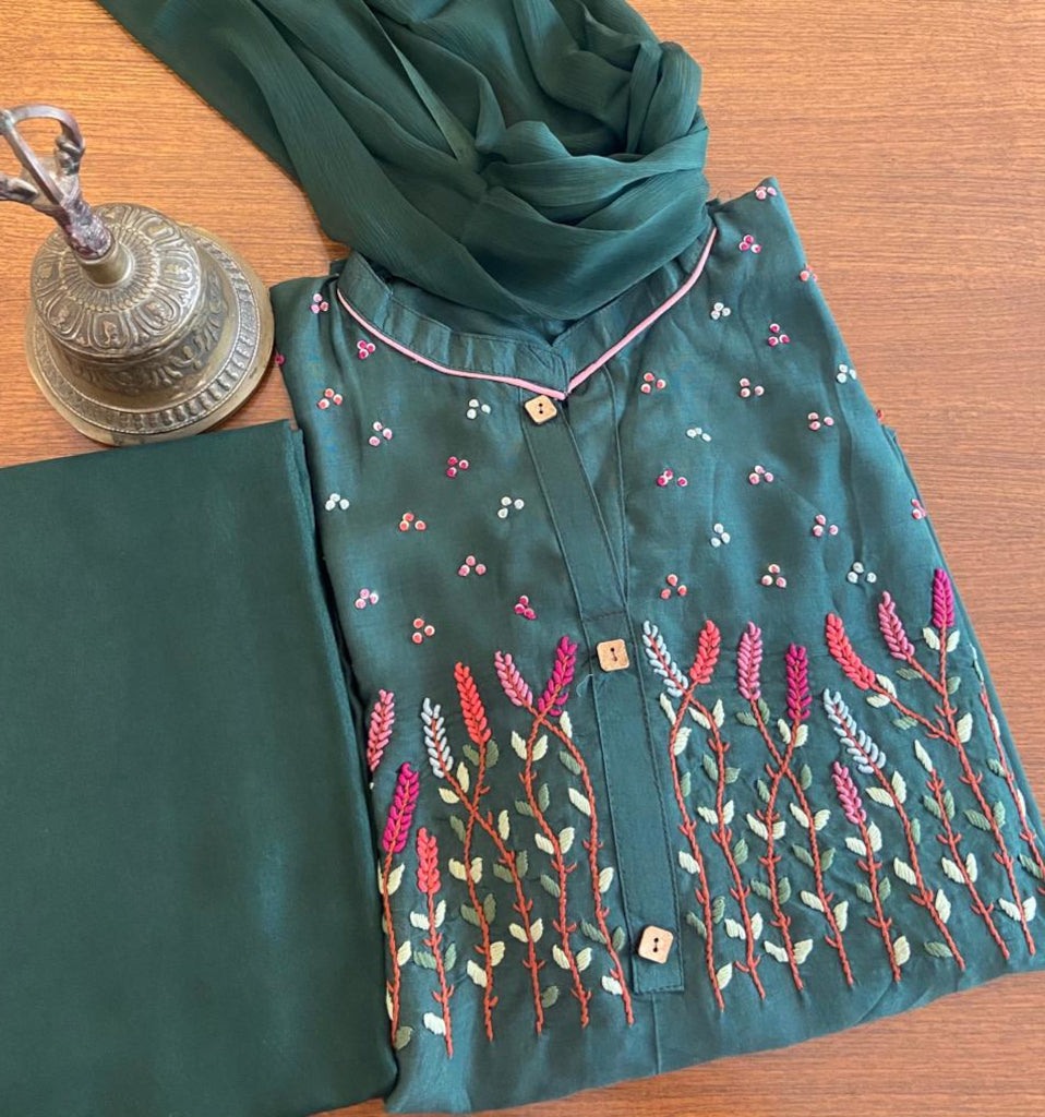 Pine Green Rayon Embroidery Dress Material