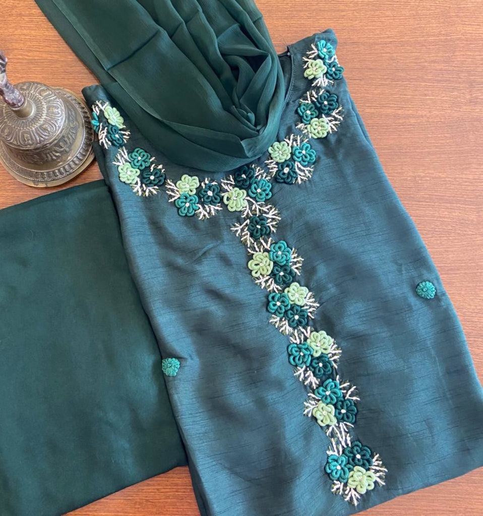 Pine Green Silk Embroidery Dress Material