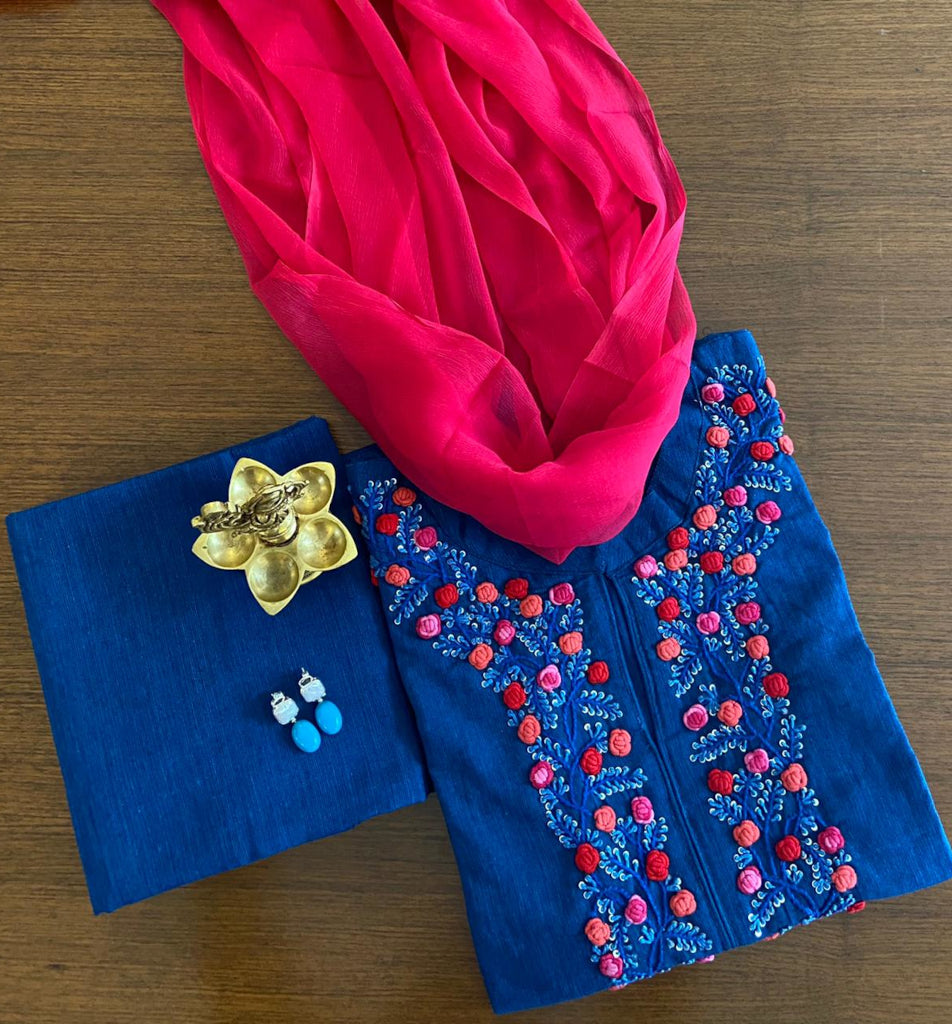 Electric Blue Khadi Embroidery Dress Material
