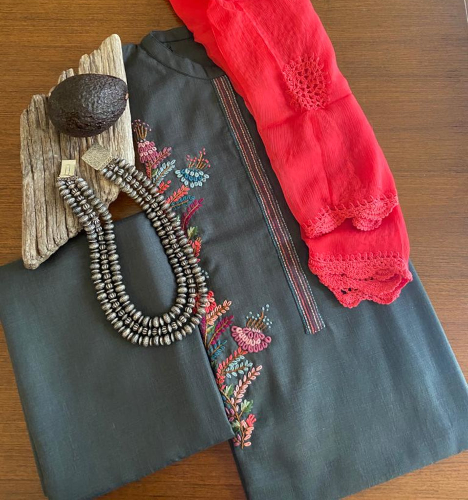 Gray Cotton Embroidery Dress Material