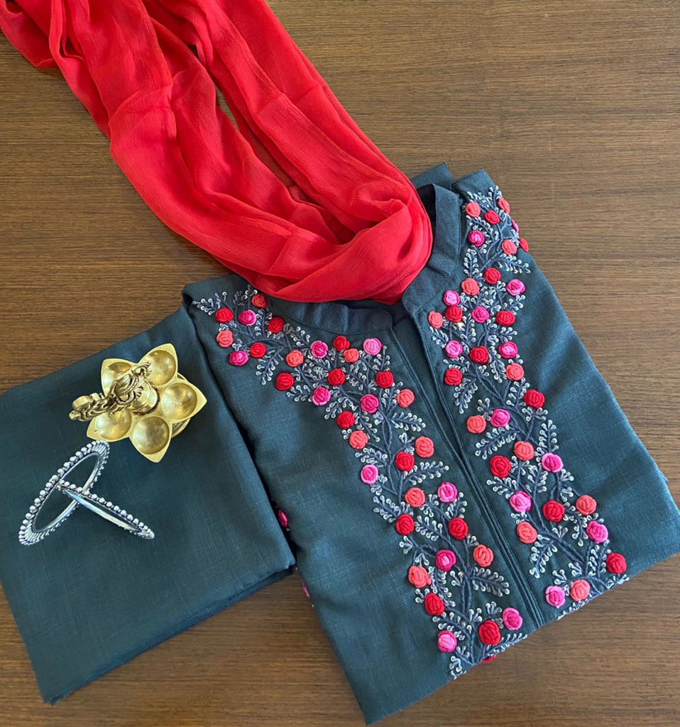 Gray Khadi Embroidery Dress Material