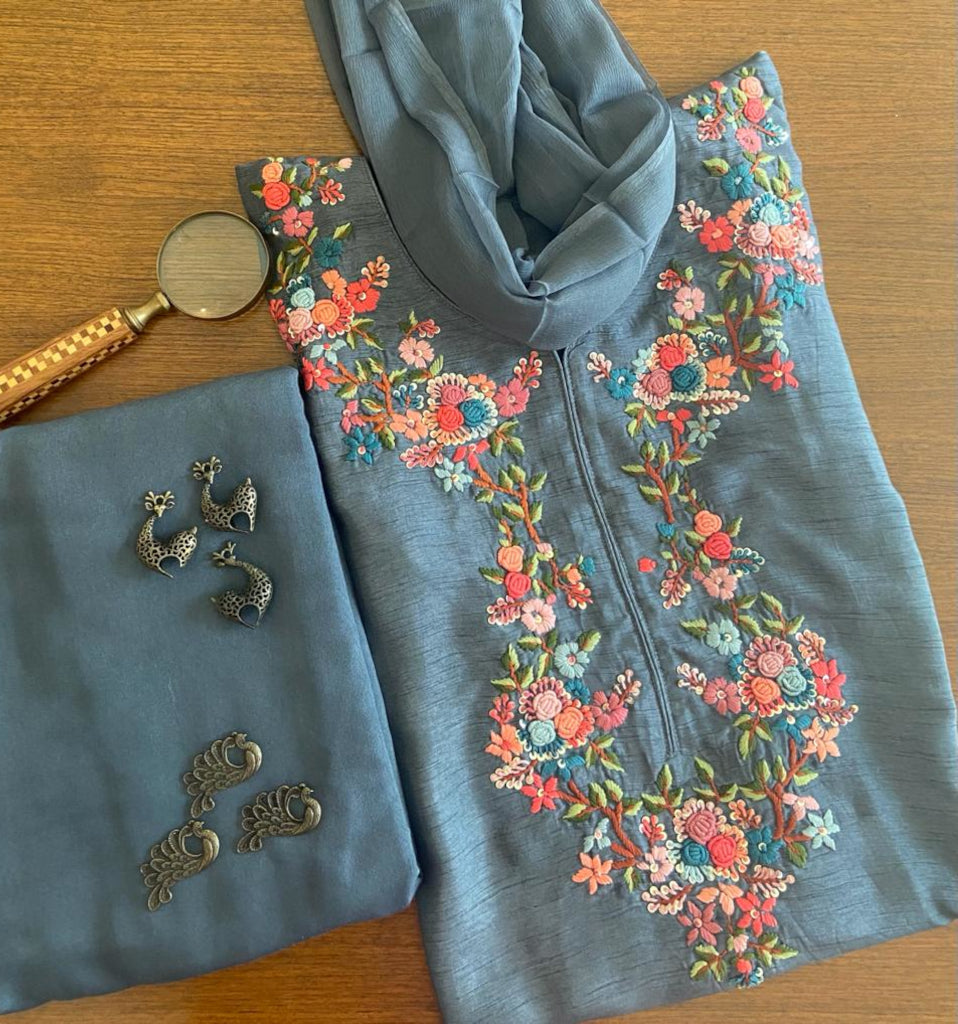 Gray Silk Embroidery Dress Material