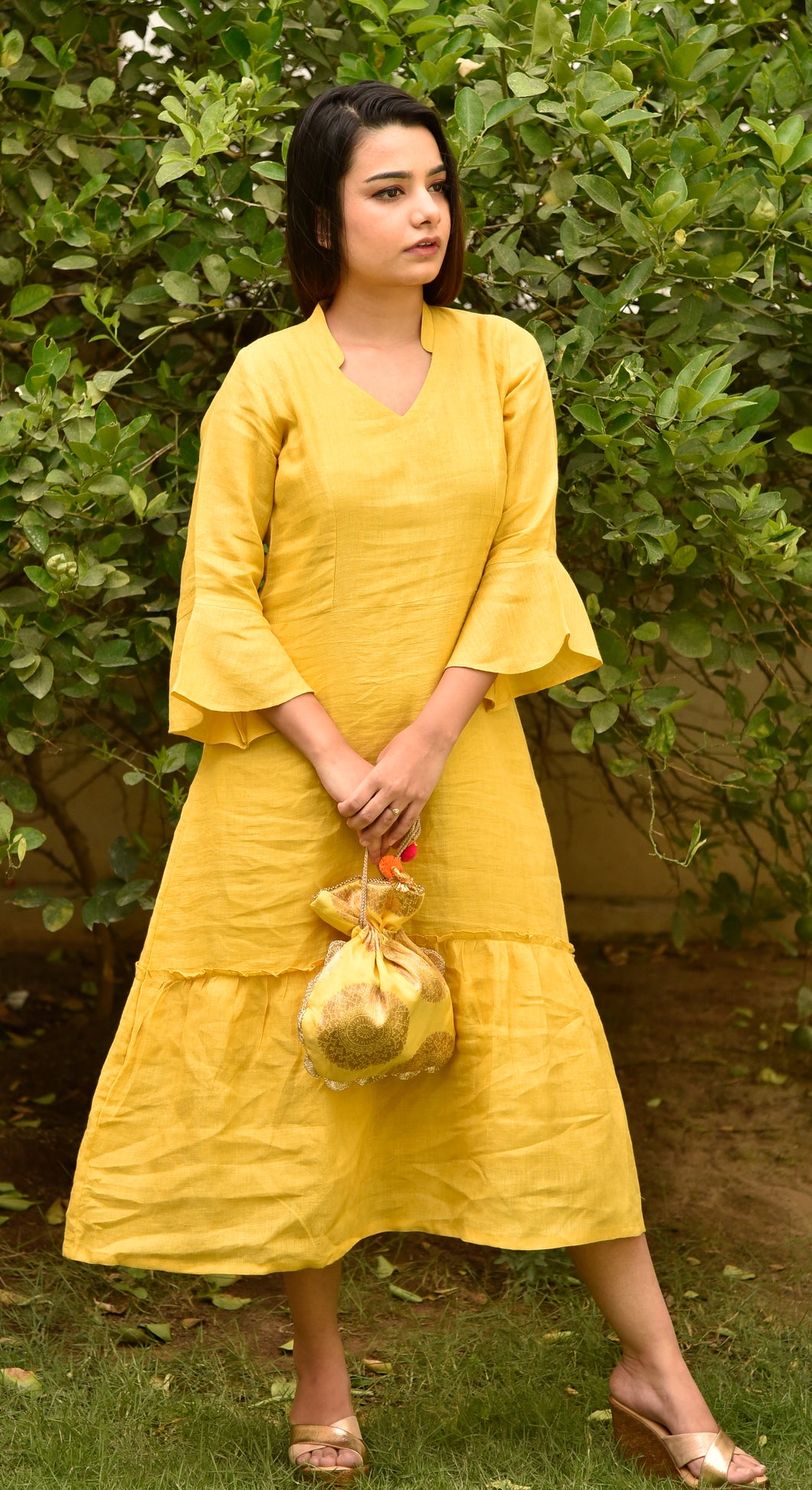 Pure Linen Yellow Dress
