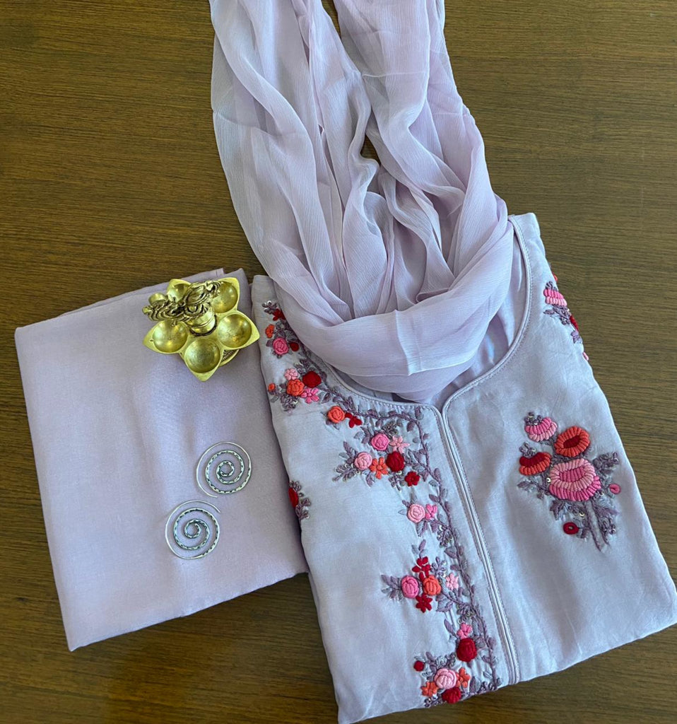 Lavender Rayon Embroidery Silk Dress Material