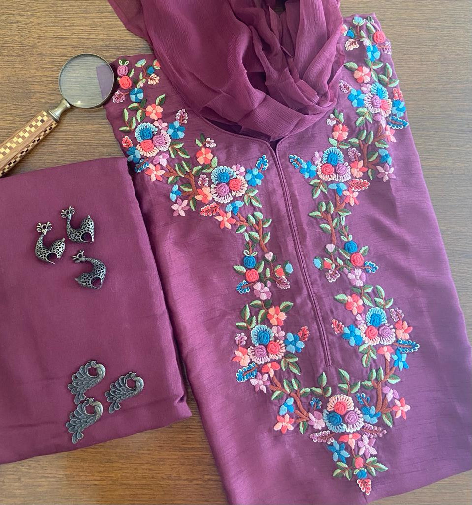 Magenta Silk Embroidery Dress Material