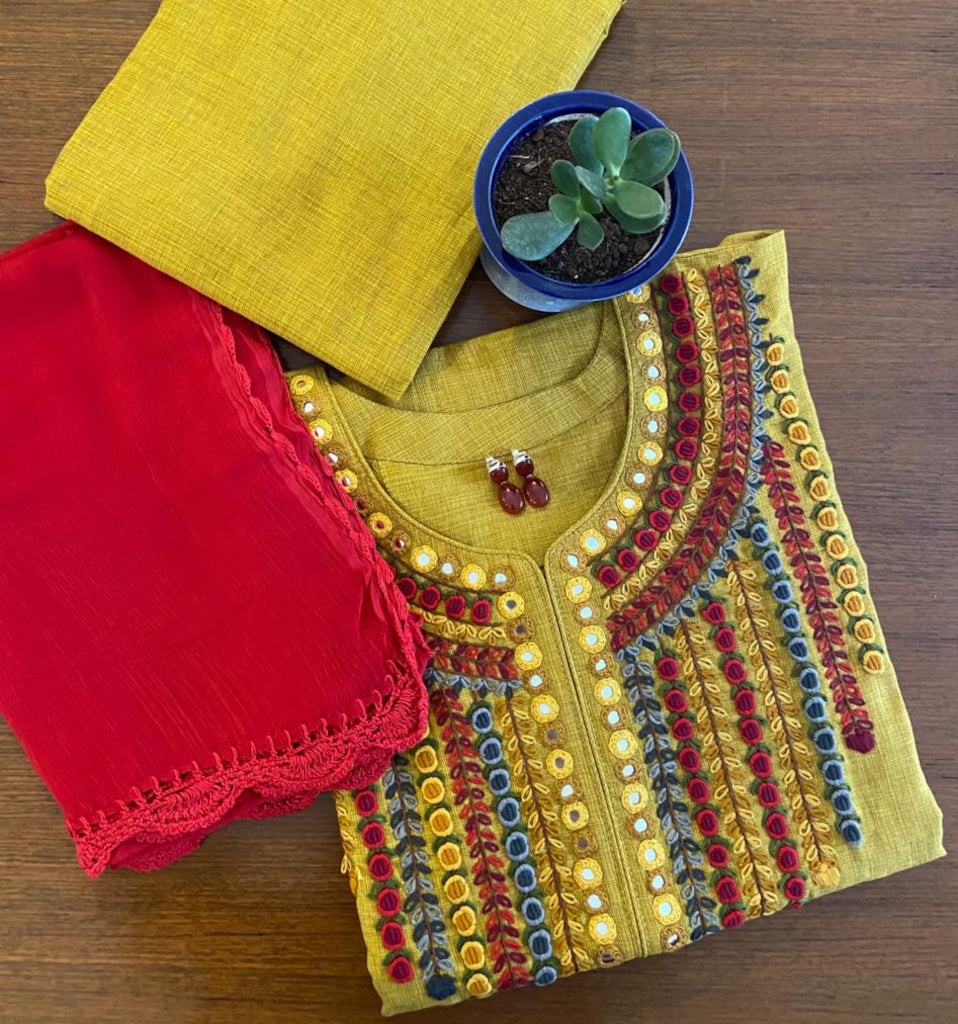 Mustard Khadi Embroidery Dress Material (Price on Request)