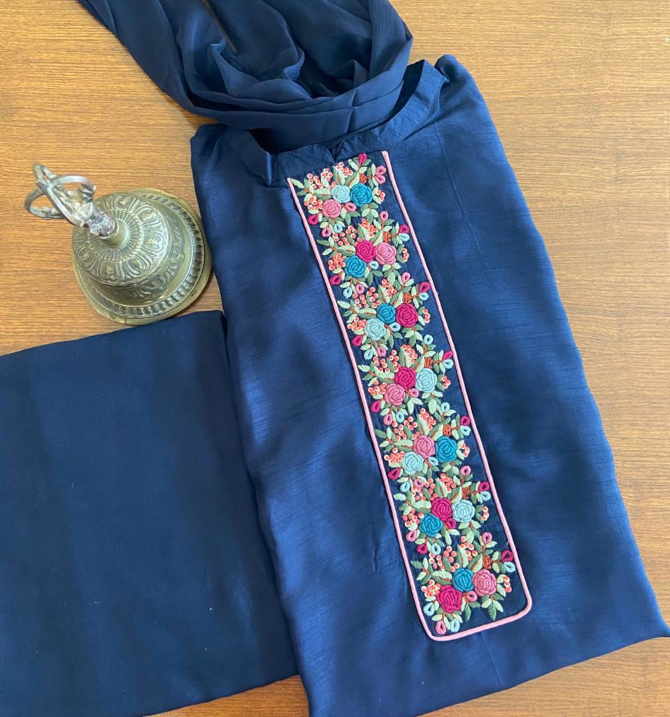 Navy Blue Silk Embroidery Button Patti Dress Material