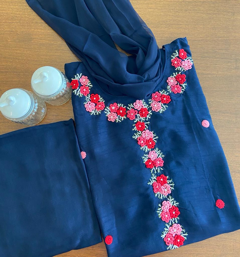 Navy Blue Silk Embroidery Dress Material