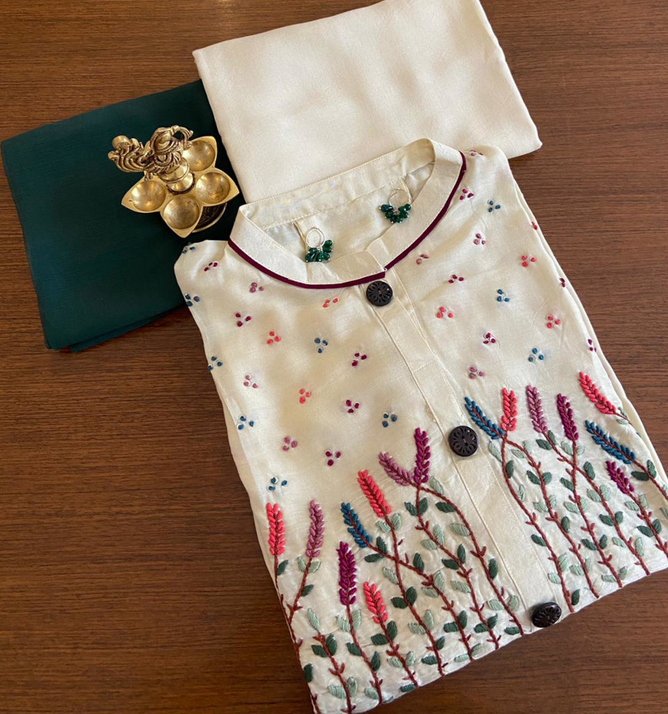 Off-White Rayon Embroidery Silk Material