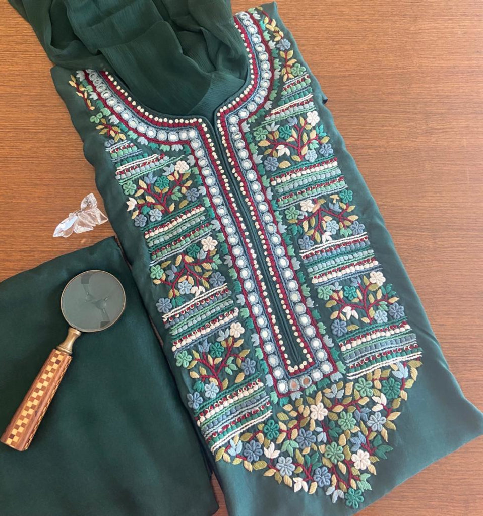Pine Green Mercerised Cotton Long Yoke Embroidery Dress Material