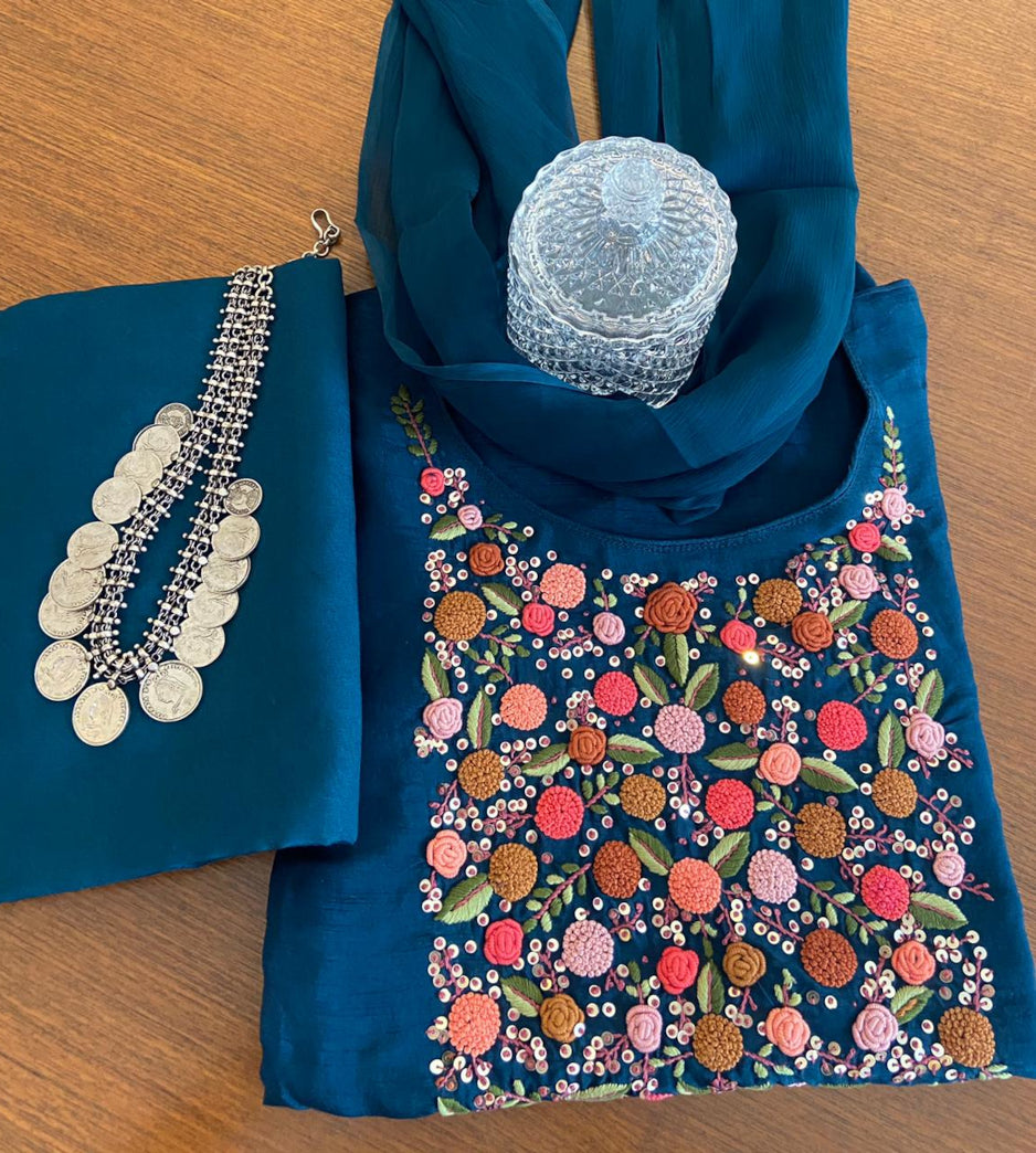 Teal Blue Mercerised Cotton Embroidery Dress Material (Price on Request)