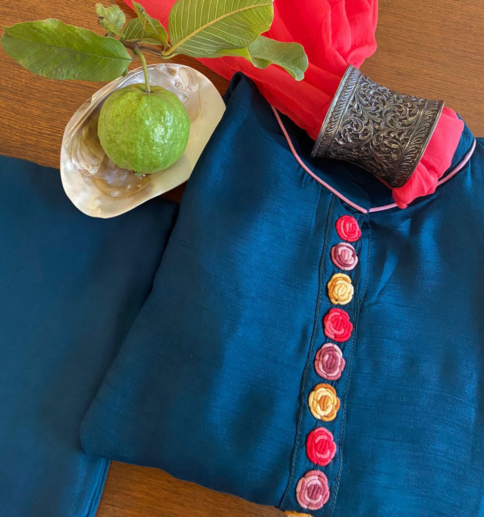 Teal Blue Silk Embroidery Buttons Dress Material